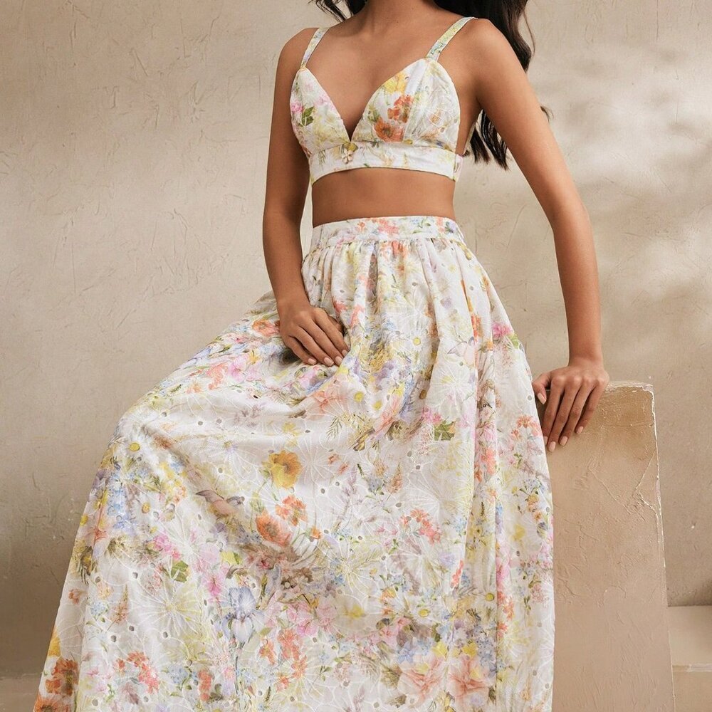 Multicolor Elegant Floral Women's Sexy Camisole Top & Long Skirt Set - Picture 3 of 7